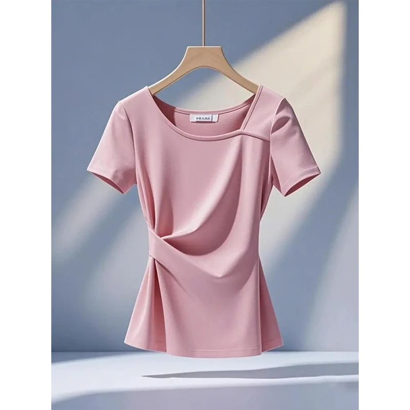 今年流行爆款多巴胺轻奢独特漂亮上衣女夏季时尚洋气粉色短袖T恤
