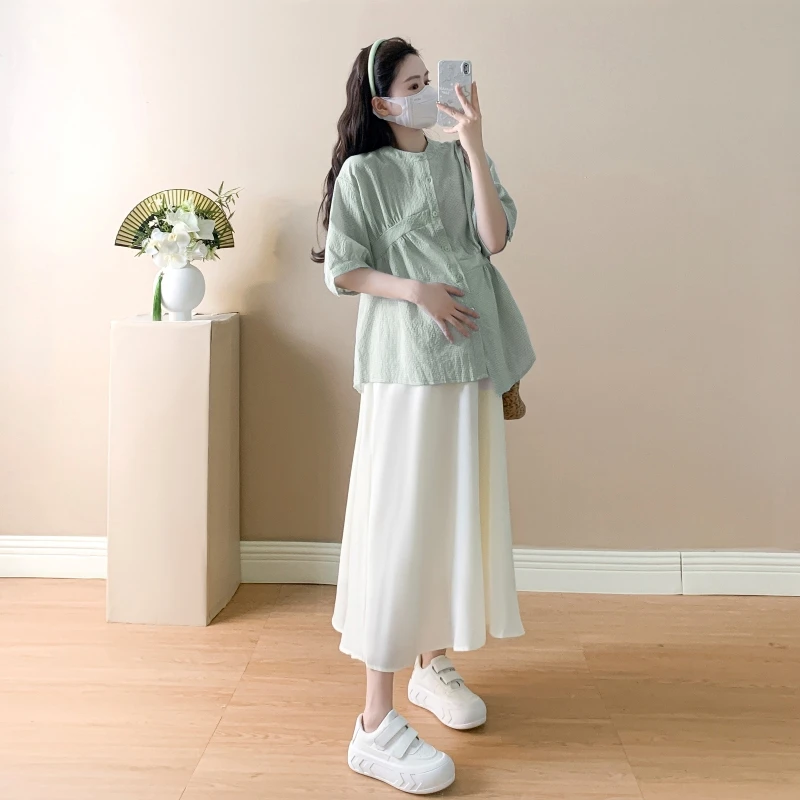 2025新款孕妇装夏装减龄清新绿色格子短袖衬衣杏色宽松半身裙套装