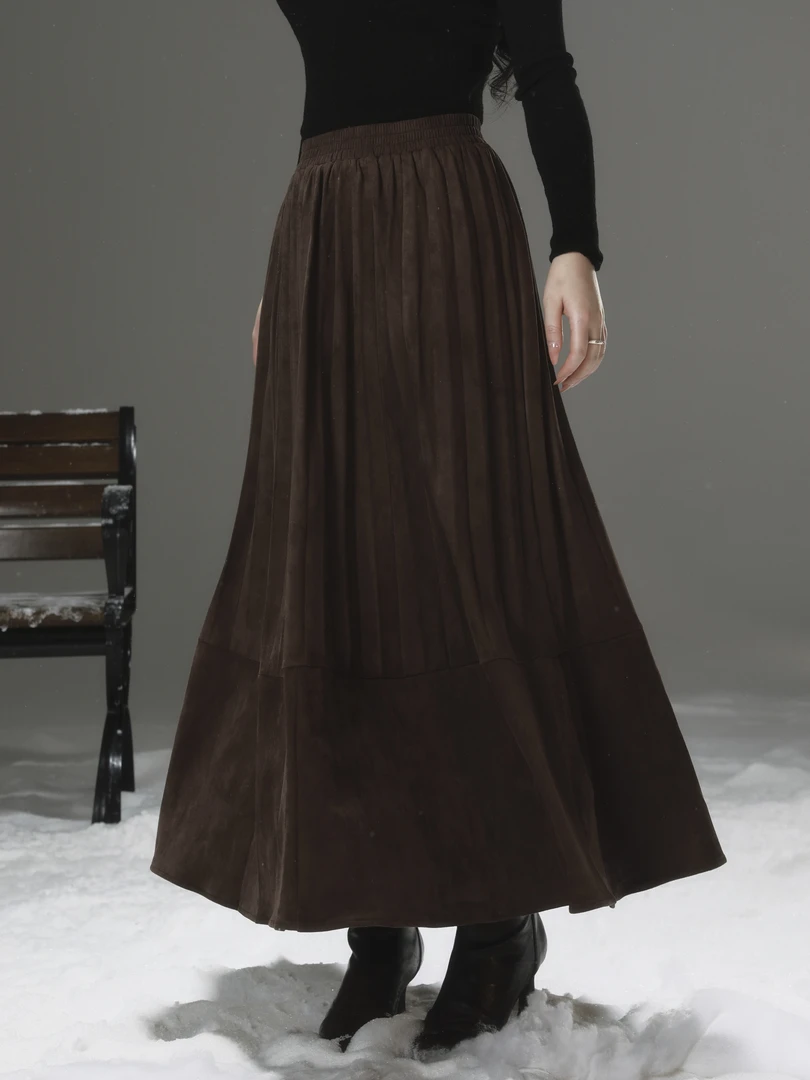 李不婉 FEN*流浪少女 麂皮a字绒半裙女秋冬吊坠压褶气质半裙