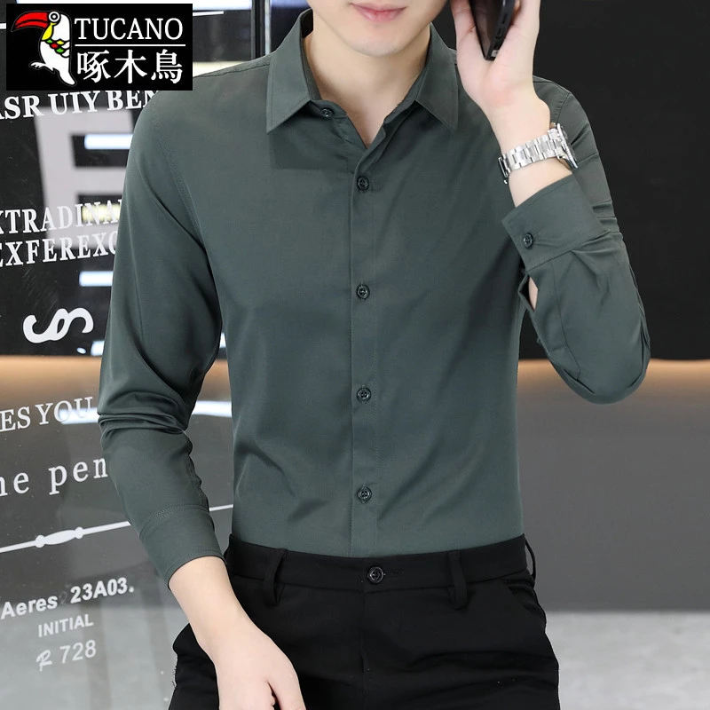 啄木鳥 男士长袖衬衫春秋季新款纯色商务工作正装免烫职业衬衣男