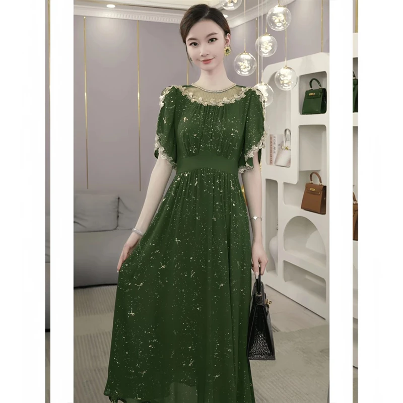 【有里布】轻奢高级感遮肉显瘦长裙法式气质名媛绿色连衣裙子D1072