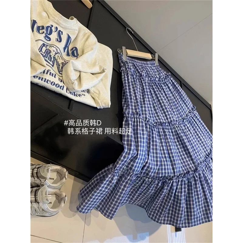 韩系蓝白格纹木耳边半身裙夏季款松紧腰减龄文艺气质a字蛋糕裙子