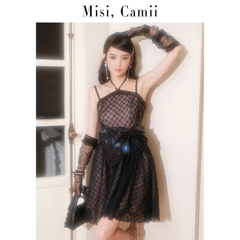 Misi,Camii显瘦性感黑色连衣裙欧美夏季时尚无袖短裙高腰通勤复古