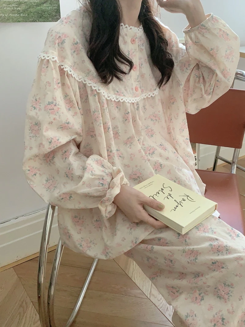 韩国ins甜美小碎花纯棉睡衣女春秋季长袖长裤花边休闲家居服套装