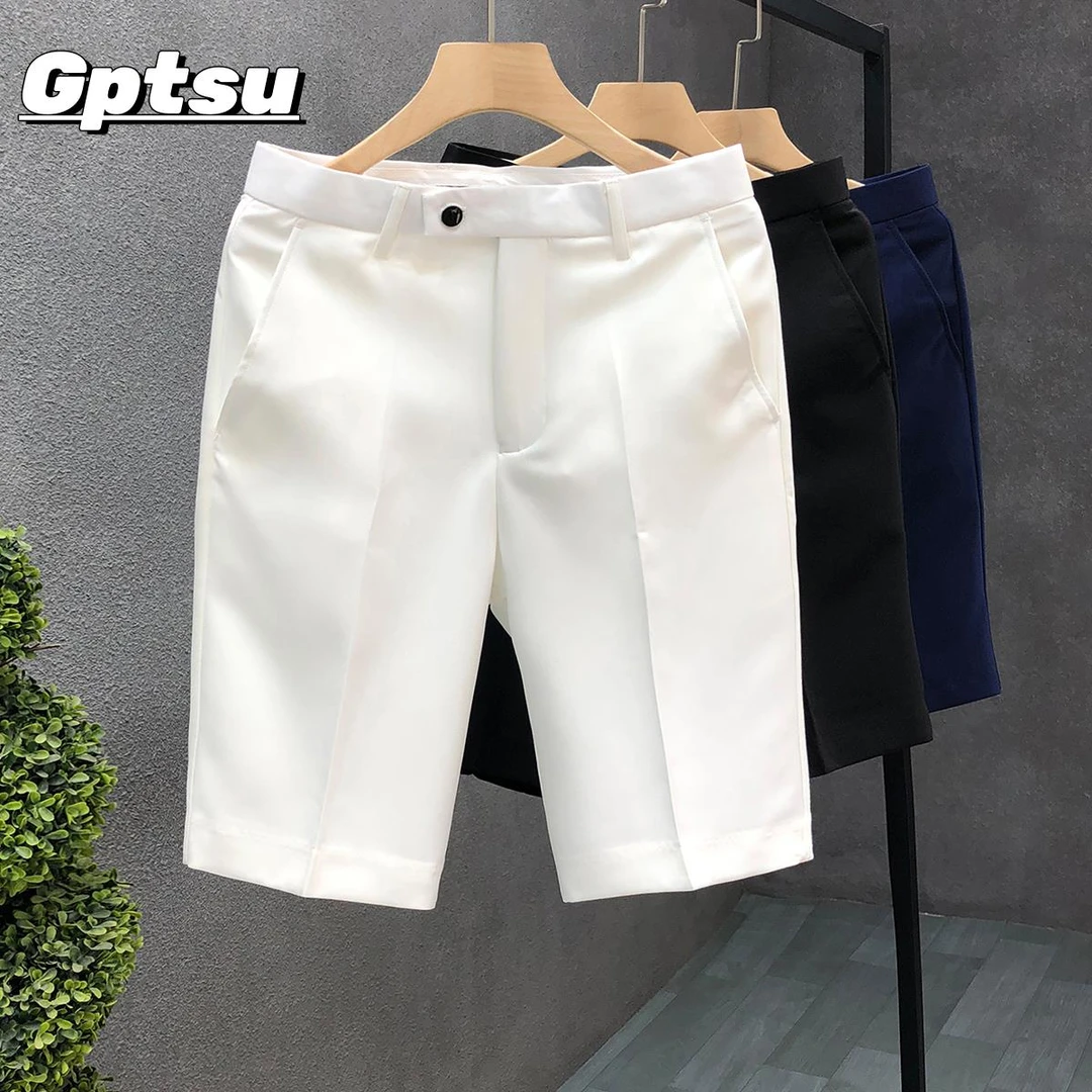 GPTSu简约白色西装短裤韩版修身短西裤男士潮流休闲五分裤夏季