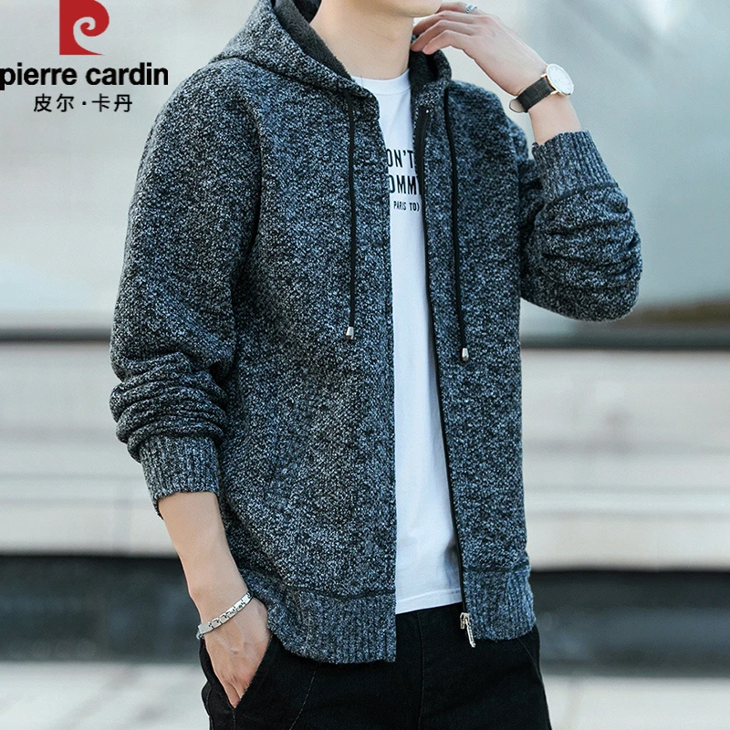 皮尔卡丹开衫卫衣男士连帽针织衫春秋冬季新款潮加绒运动休闲外套