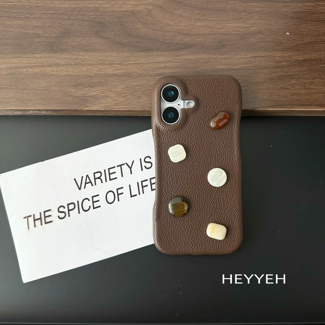 复古高级棕色皮质宝石iPhone15适用苹果16pro max手机壳14小众13