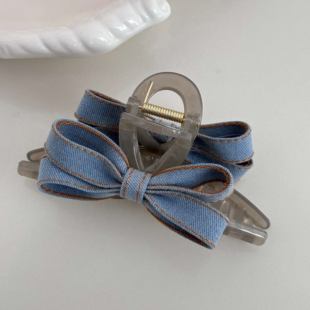 韩国新款时尚后脑勺蓝色牛仔蝴蝶结透明灰色发夹抓夹鲨鱼夹发饰女