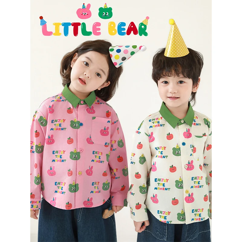 【25年春二波】男宝舒适时尚 原创花脸熊 玩偶 靓色满印衬衫GN5122