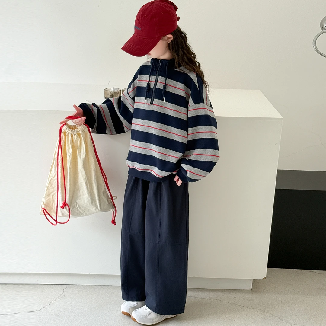 女童秋装套装2025新款洋气女大童韩系穿搭条纹卫衣春秋款两件套潮