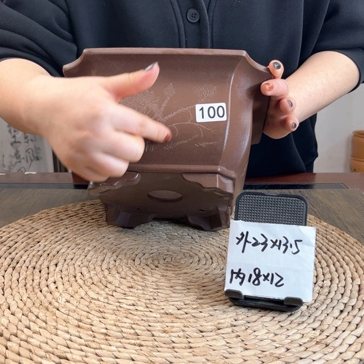 紫砂花盆紫玉金砂荷花刻绘切角四方100