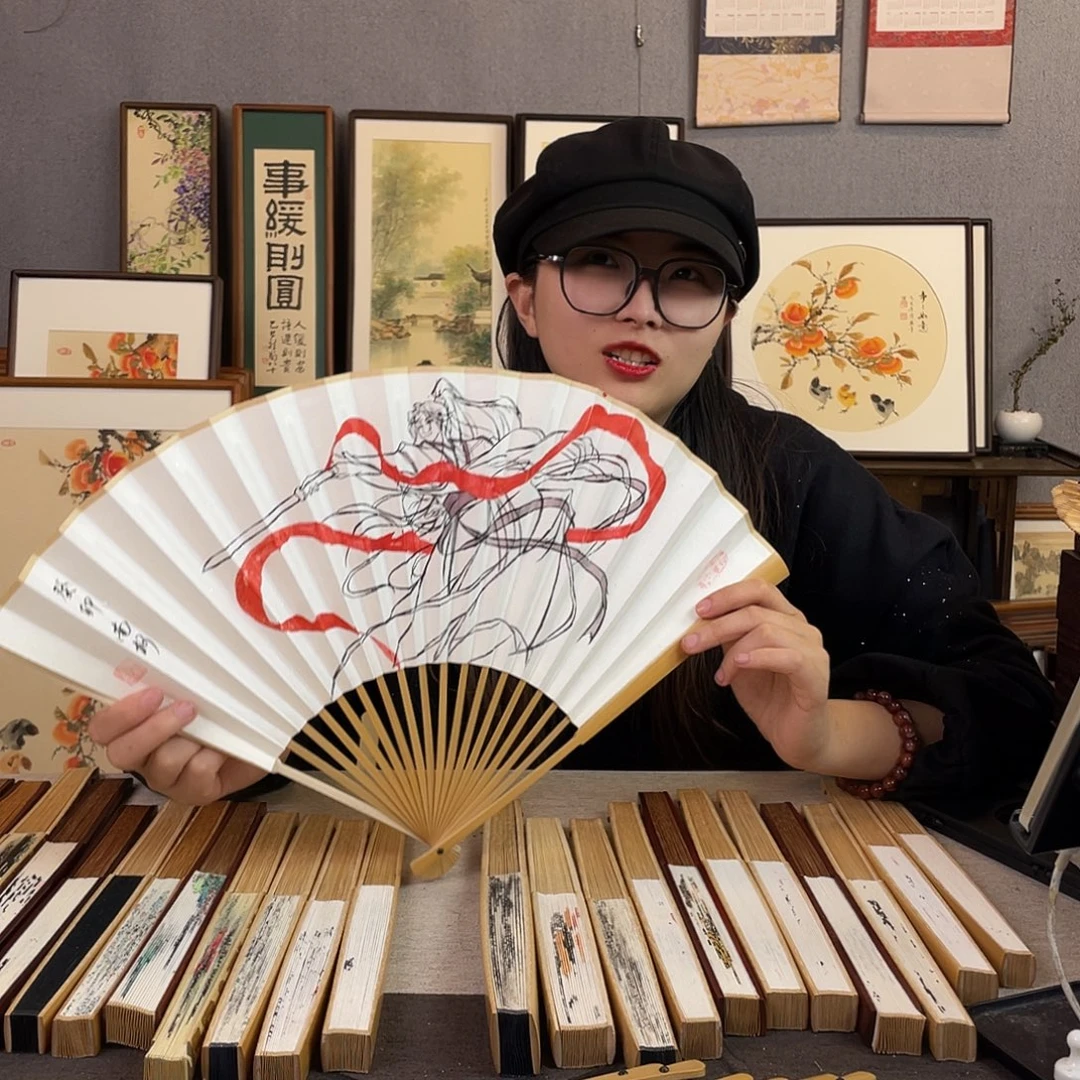 书法95寸玉竹-纯手绘-文玩扇骨（默认粘好）