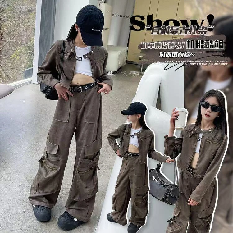 女童工装套装春装2024新款中大儿童春秋复古短款外套阔腿裤两件套