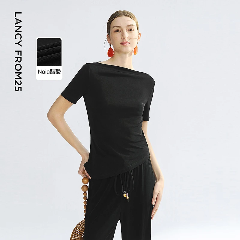 【漾25系列】朗姿二醋酸黑色高级感T恤短袖上衣2025年夏季新款女