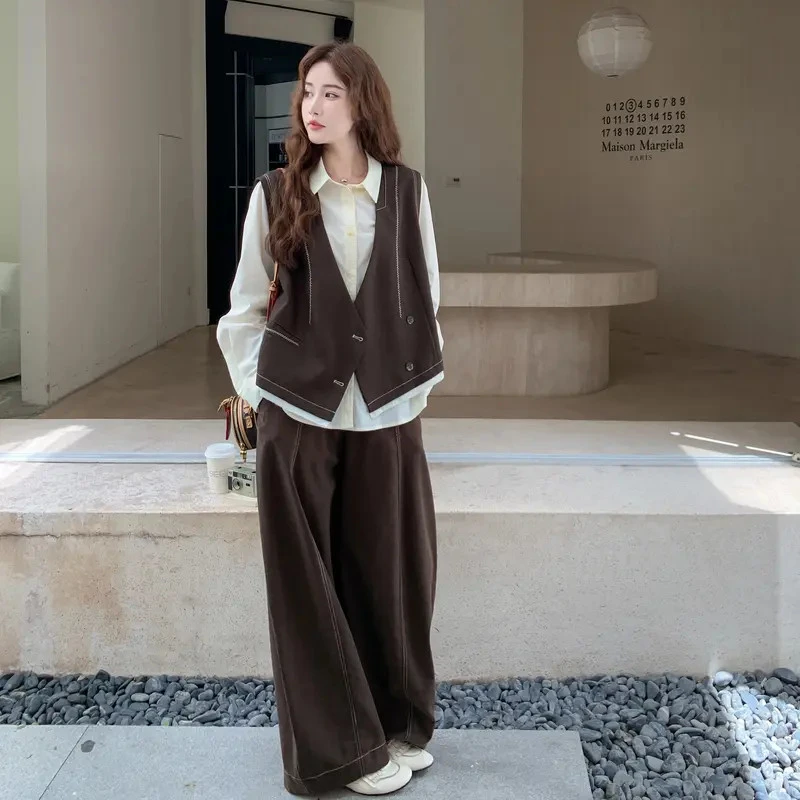 博主风通勤气质马甲衬衫阔腿裤套装三件套女早春秋韩风chic女神范