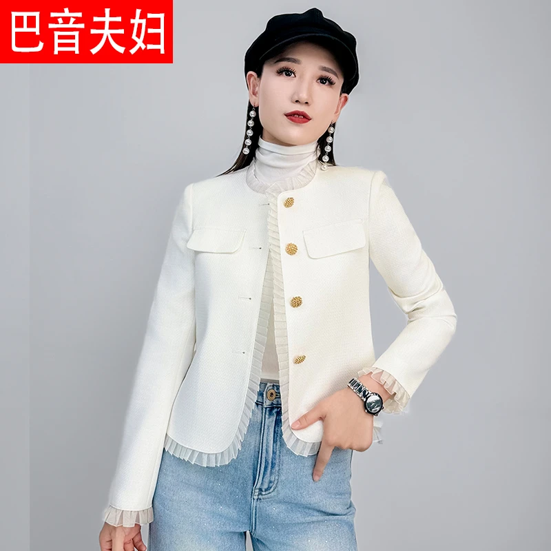 2025年小个子春季时尚新款粉色小香风无领圆领外套女蕾丝花边休闲