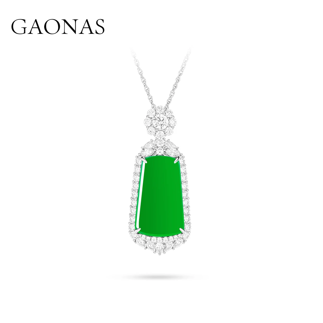 GAONAS 坠链均925银合成锆石 新中式时尚贵气无事牌绿项链11508DG