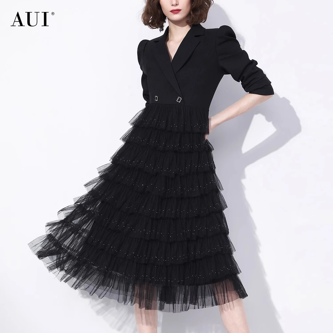 【媛媛女王专享】AUI黑色名媛气质假两件网纱西装裙- 23Q012769