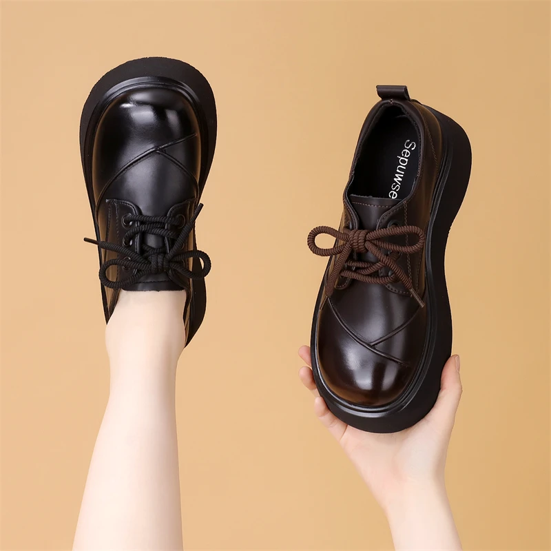 春季厚底乐福鞋鞋女圆头防水软底系带复古皮鞋粗跟英伦风百搭单鞋