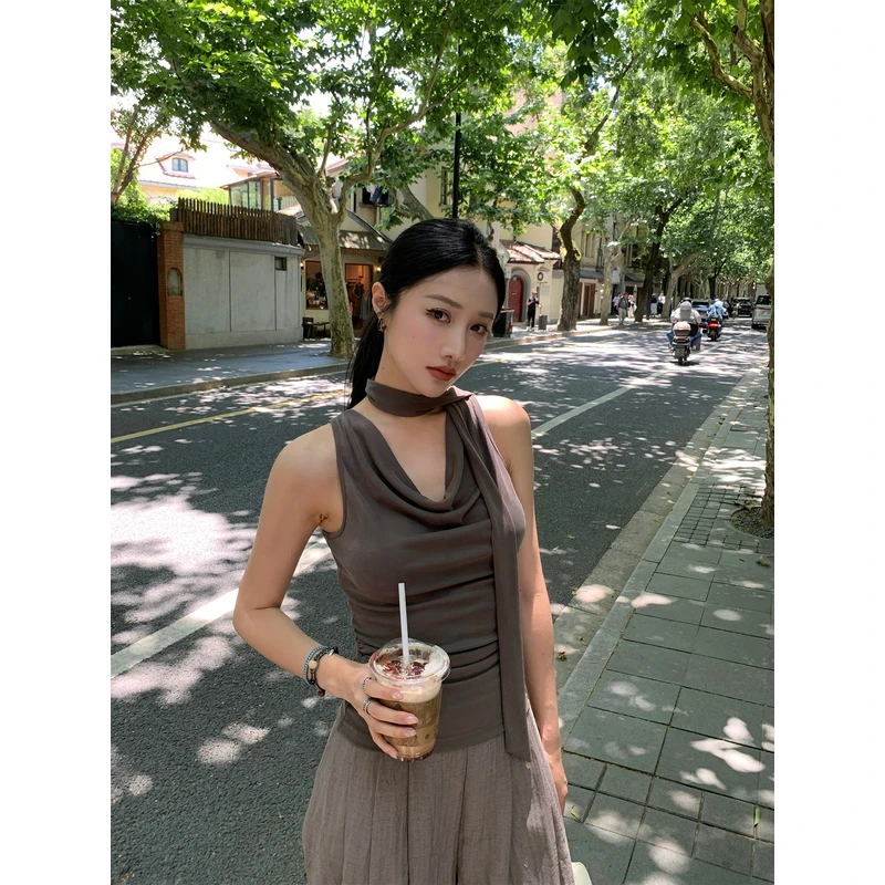 左边女装荡领褶皱系带背心2025夏季新款修身无袖上衣