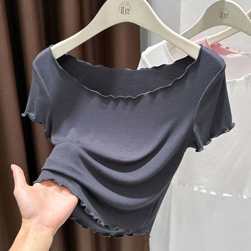 新款灰色短袖t恤上衣内搭2025夏季设计感辣妹气质露锁骨甜辣小衫