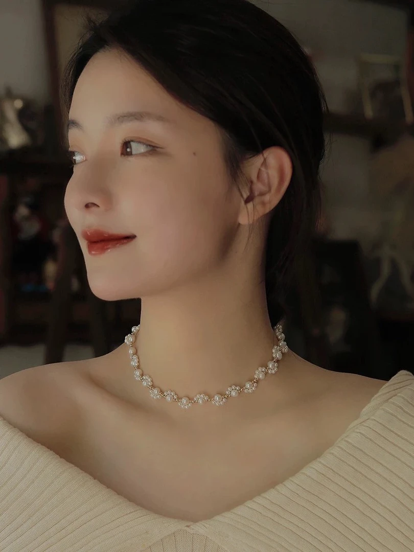 合金仿珍珠项链  新中式手工编织花朵手链小众项链diy自制材料包