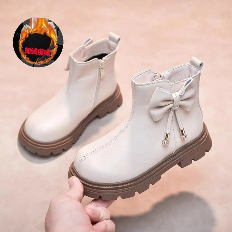 女童马丁靴2025新款秋冬季儿童短靴时尚真皮洋气蝴蝶结小香公主靴