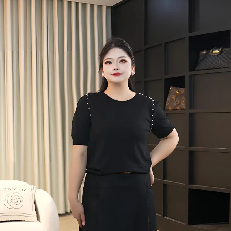 伊自尚【无限温柔】胖mm夏季气质显瘦百搭珍珠纯色针织衫9668-4-13