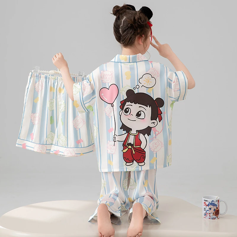 中大童夏季新款儿童短袖冰丝女童睡衣套装女孩卡通洋气家居服外穿