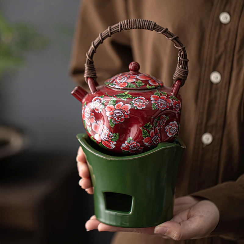 百垚听云牡丹温茶壶组酒精炉底座家用围炉煮茶提梁壶茶壶暖茶器