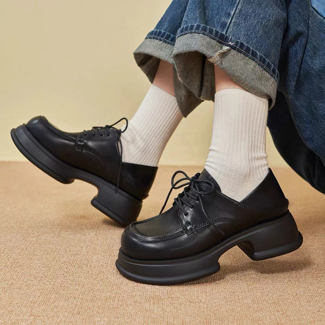 1 英伦风小皮鞋女春秋2025新款百搭厚底粗跟防滑乐福78002