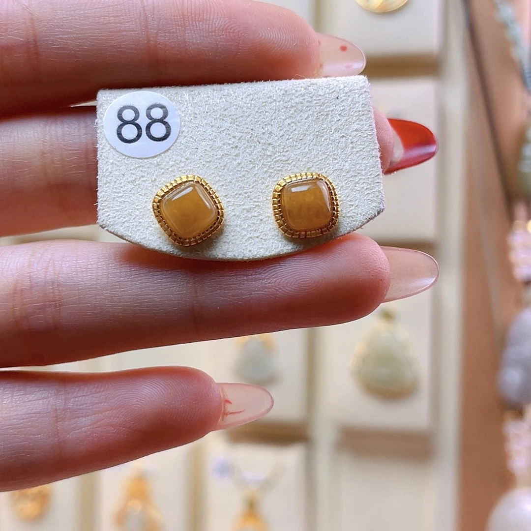 和田玉耳饰银S925镀金镶嵌