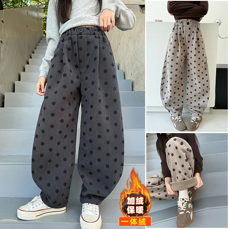 女童加绒裤子秋冬款2025年款衣服儿童一体绒加厚灯芯绒休闲弯刀裤