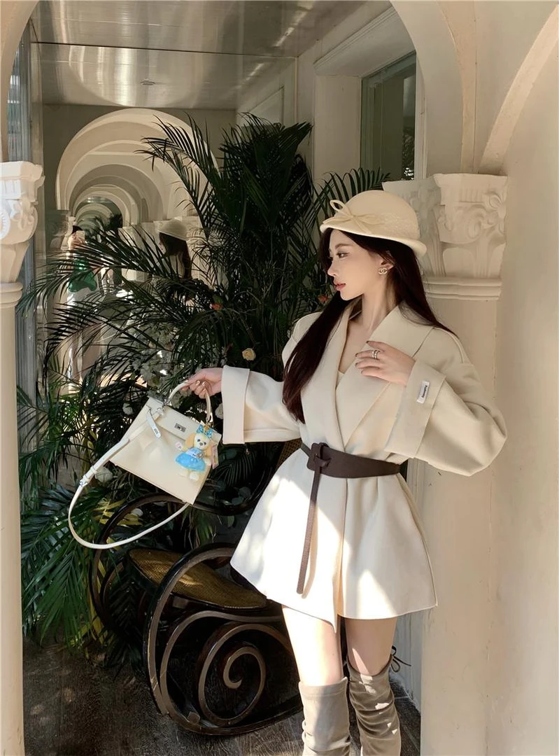 赫本风毛呢大衣小个子中长款收腰呢子西装外套女秋冬新款开衫上衣