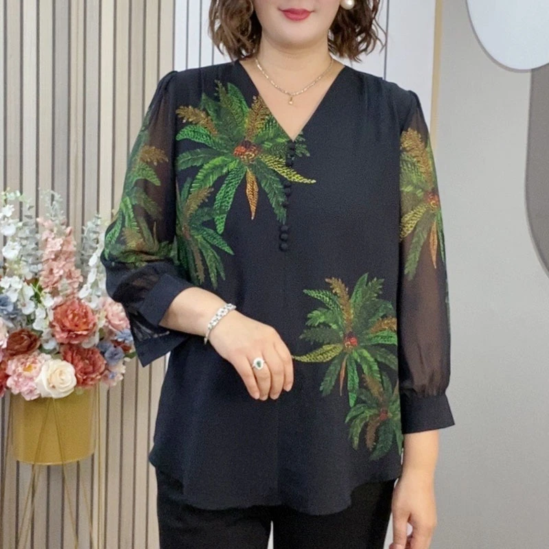 5427大码女装春秋长袖上衣时尚气质绉丝乔其高档衬衫显瘦百搭小衫
