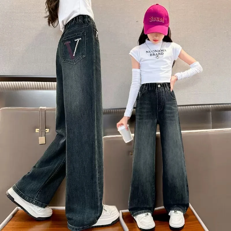 女童牛仔裤2025春秋新款女孩韩版阔腿裤中大童洋气宽松休闲直筒裤
