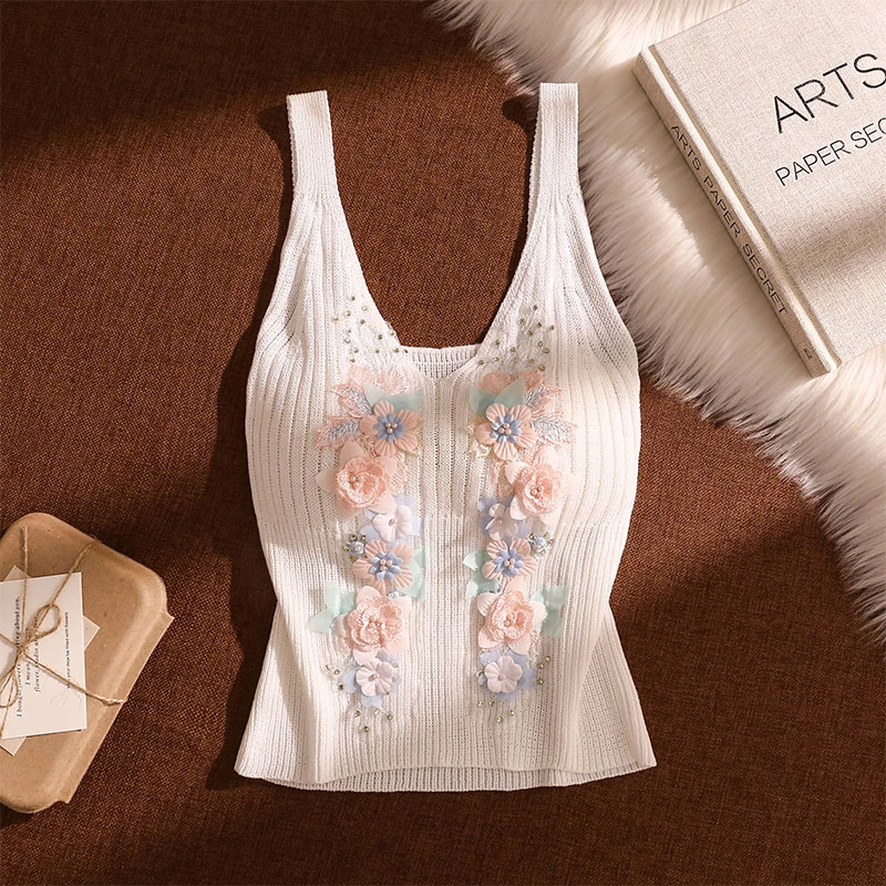法式立体花朵针织吊带背心女内搭性感修身美背绝美无袖打底上衣