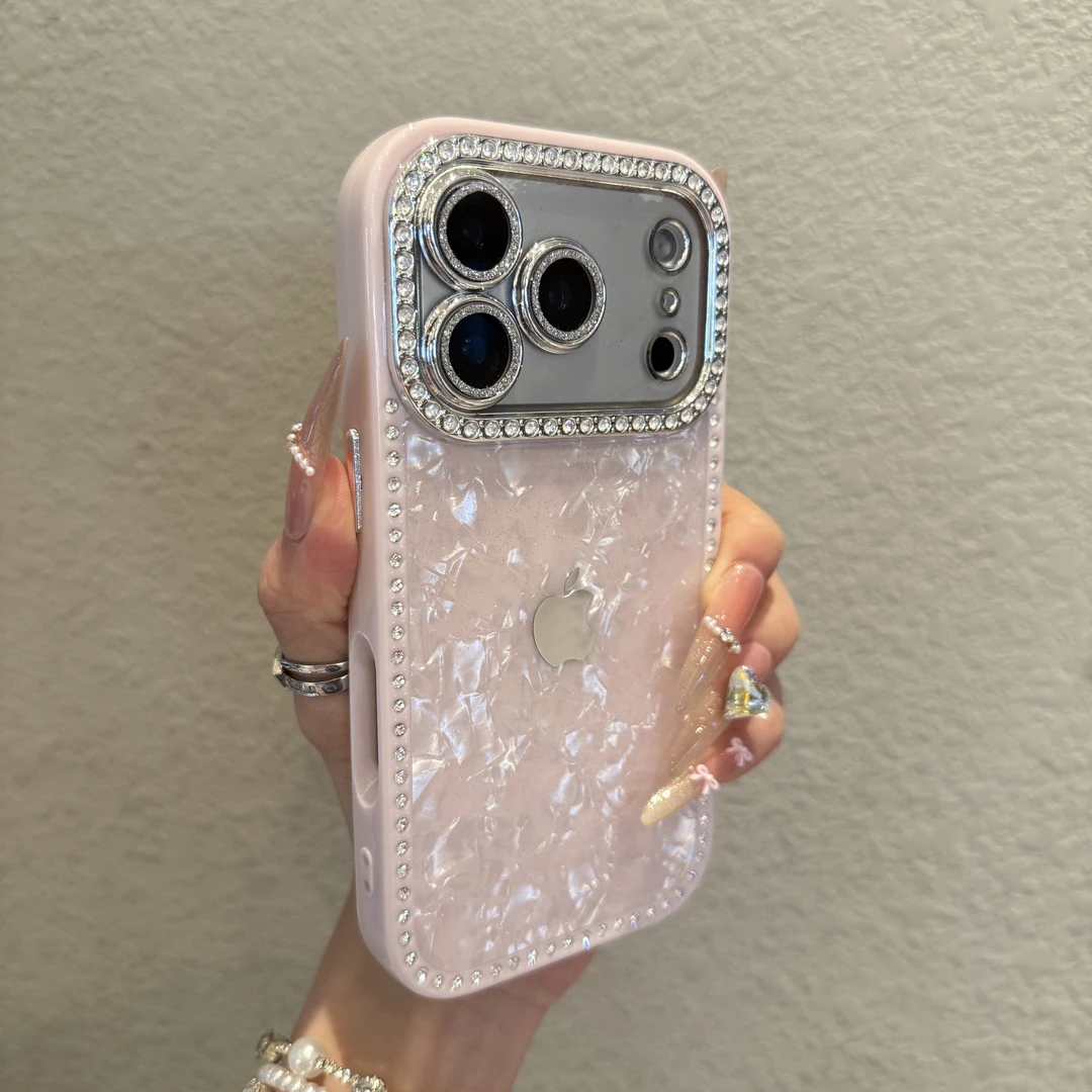 轻奢贝壳纹闪钻适用苹果17promax手机壳iPhone16小众15全包14滴胶