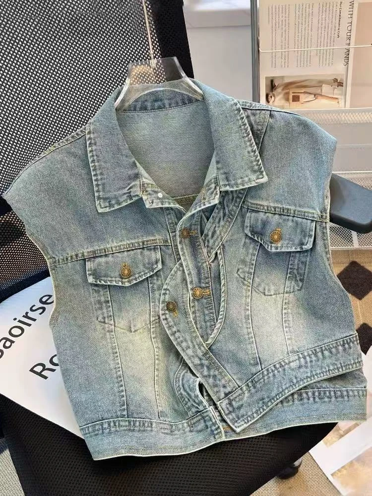 不规则无袖马甲外套复古水洗设计感坎肩牛仔马甲短款韩版显瘦397