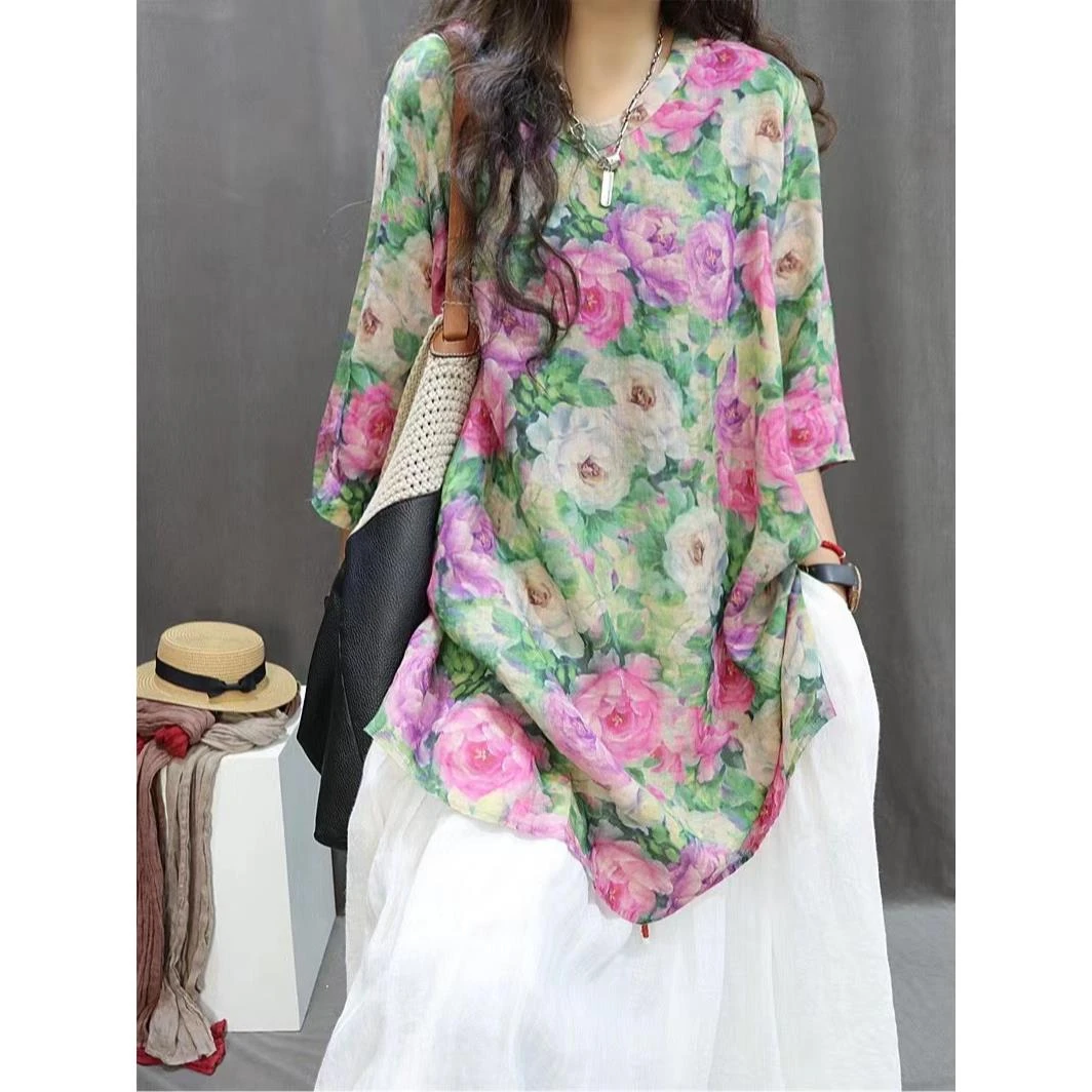 复古减龄印花棉麻衬衫女中长款夏季薄款透气宽松大码套头苎麻上衣