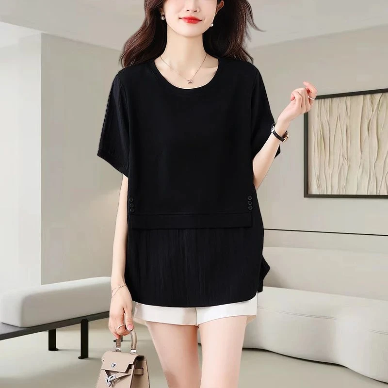 黑色圆领t恤女士2025夏季新款洋气减龄时尚宽松遮肚拼接短袖上衣