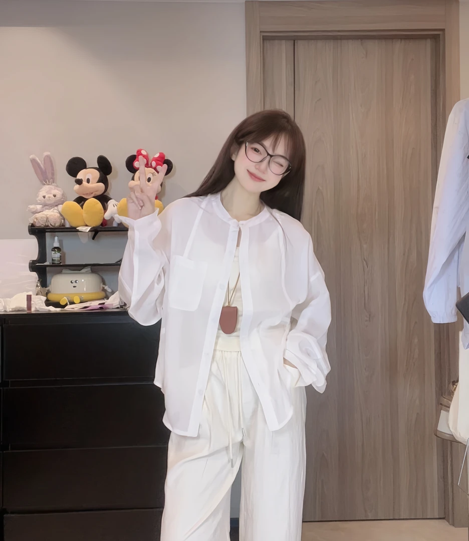 2509-欧货新款长袖防晒立领衬衫落肩气质百搭显瘦小个子薄款宽松