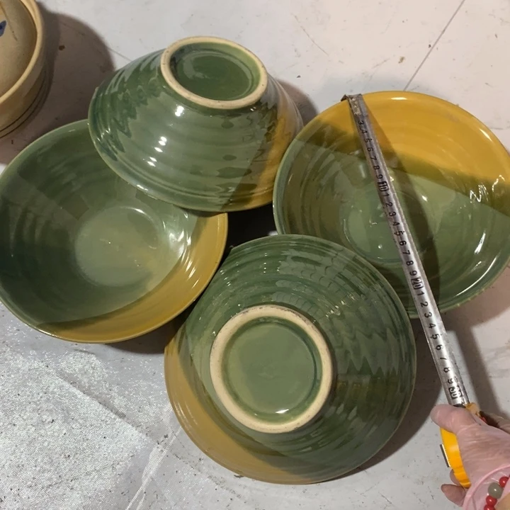 瓷片五厂绿釉三色斗笠碗四个微瑕疵口径23厘米