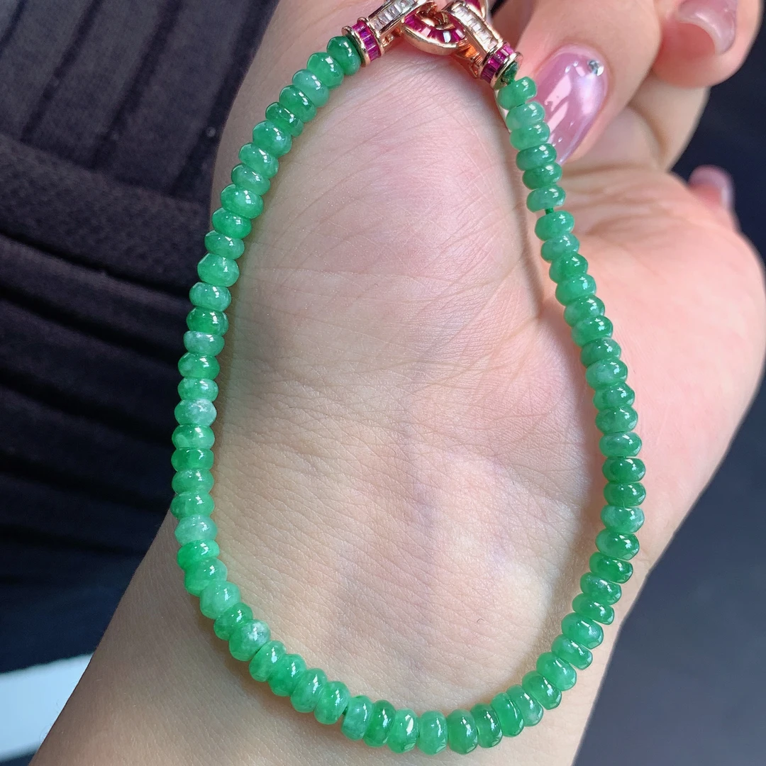 天然缅甸A货翡翠玉石珠宝冰润起胶甜阳绿算盘珠手串j卡4+mm配证书