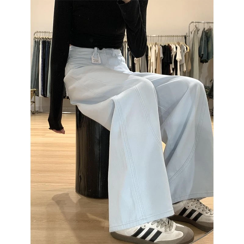 港风慵懒松弛感浅蓝色大喇叭牛仔裤女春季高腰宽松直筒阔腿长裤子
