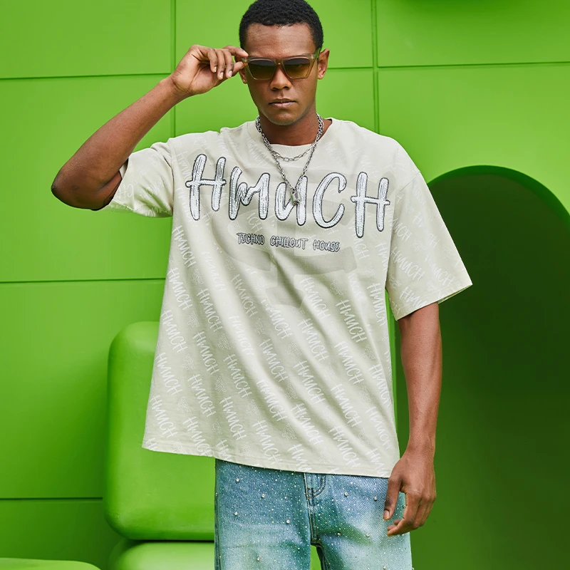 TCH潮牌-简约设计感字母镶钻米色时尚圆领半袖T恤夏季-T69A108015