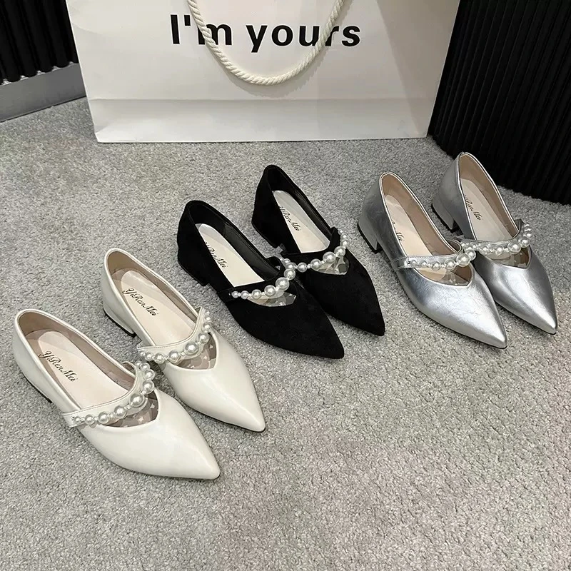 春秋新款尖头玛丽珍单鞋浅口一字带珍珠小众高级感银色气质低跟鞋
