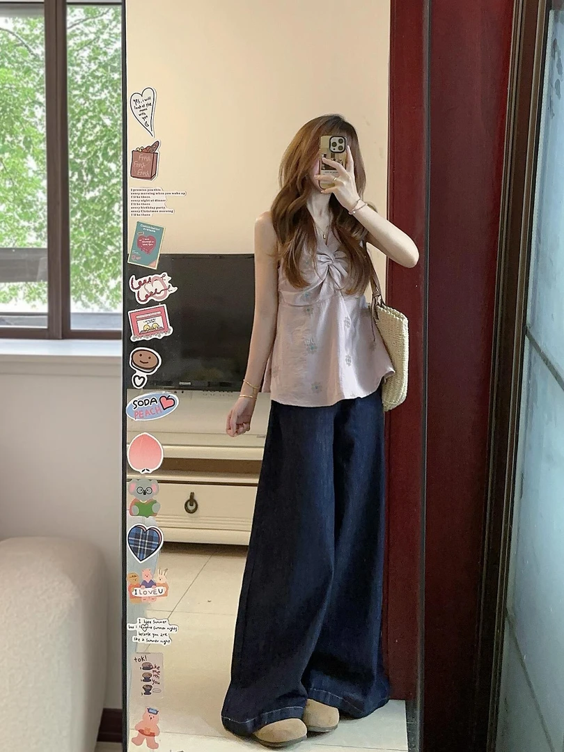 2025夏季新款法式温柔风挂脖无袖上衣百搭显瘦牛仔裤显瘦两件