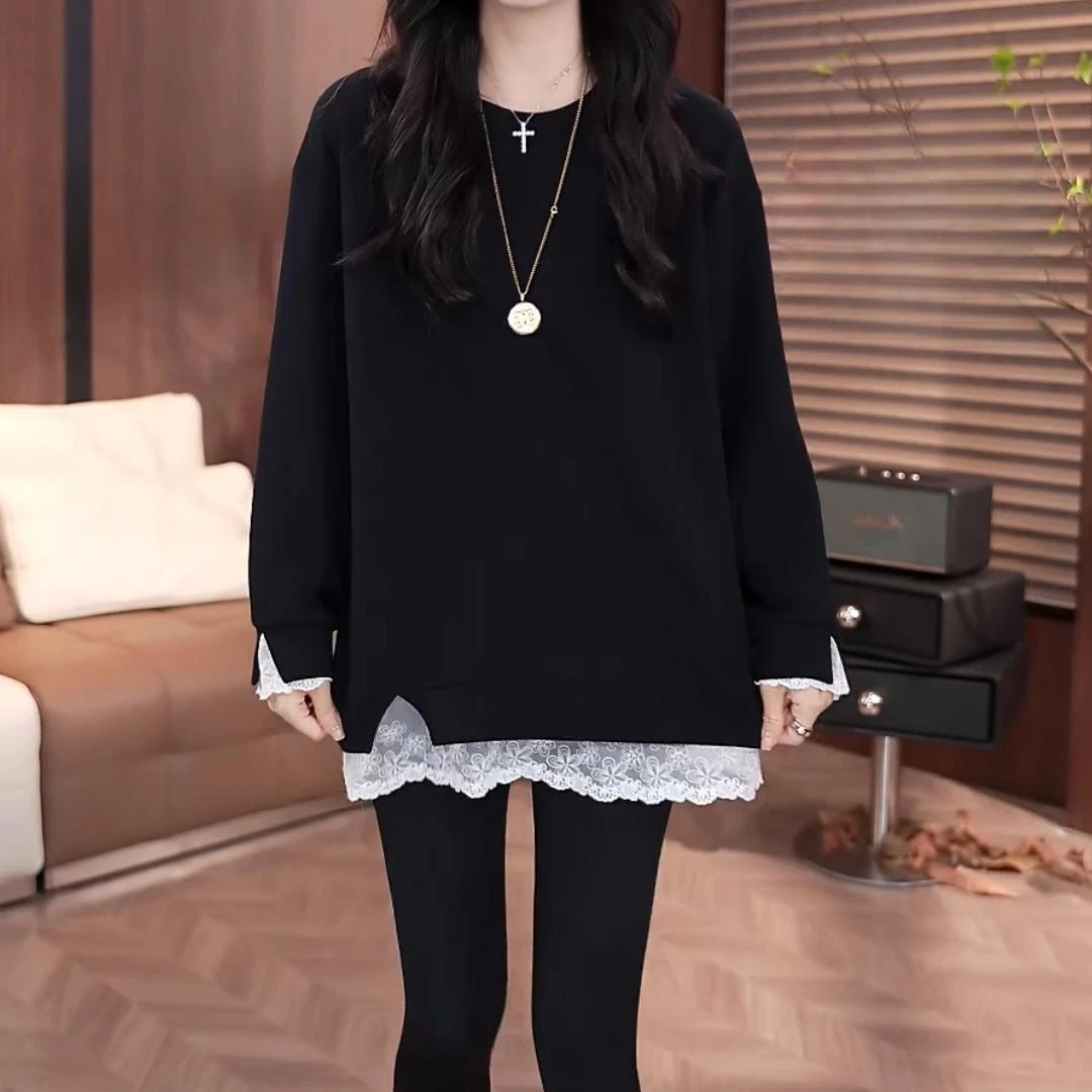 韩系加厚蕾丝拼接打底衫女秋冬新款2025宽松显瘦中长款保暖上衣潮