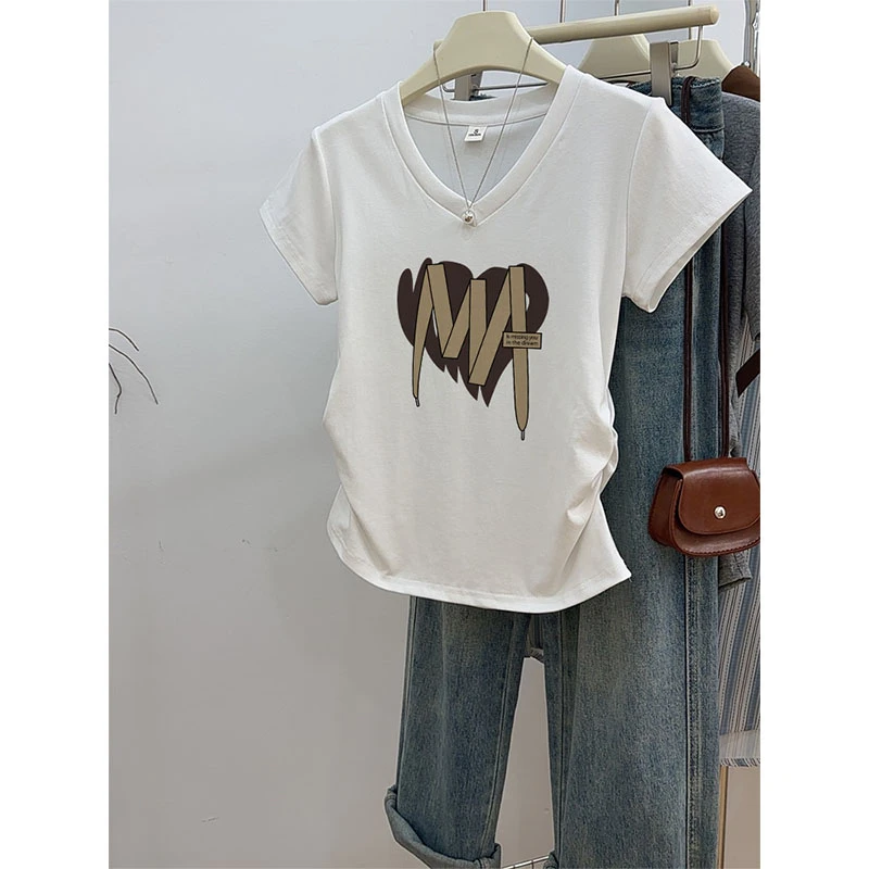 夏季正肩美式短袖t恤女2025新款V领设计小众收腰设计感修身上衣